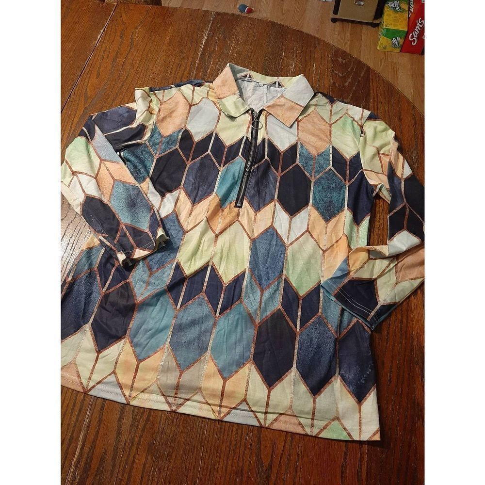 New Large 1/2 Zip Collared Long Sleeve Blue Black Brown Peach Green Retro Shirt